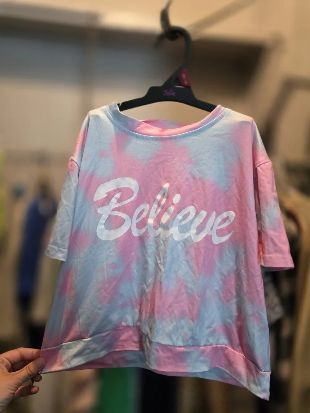 Shein Girls Pink and Blue Tie-Dye Believe Crop Top
